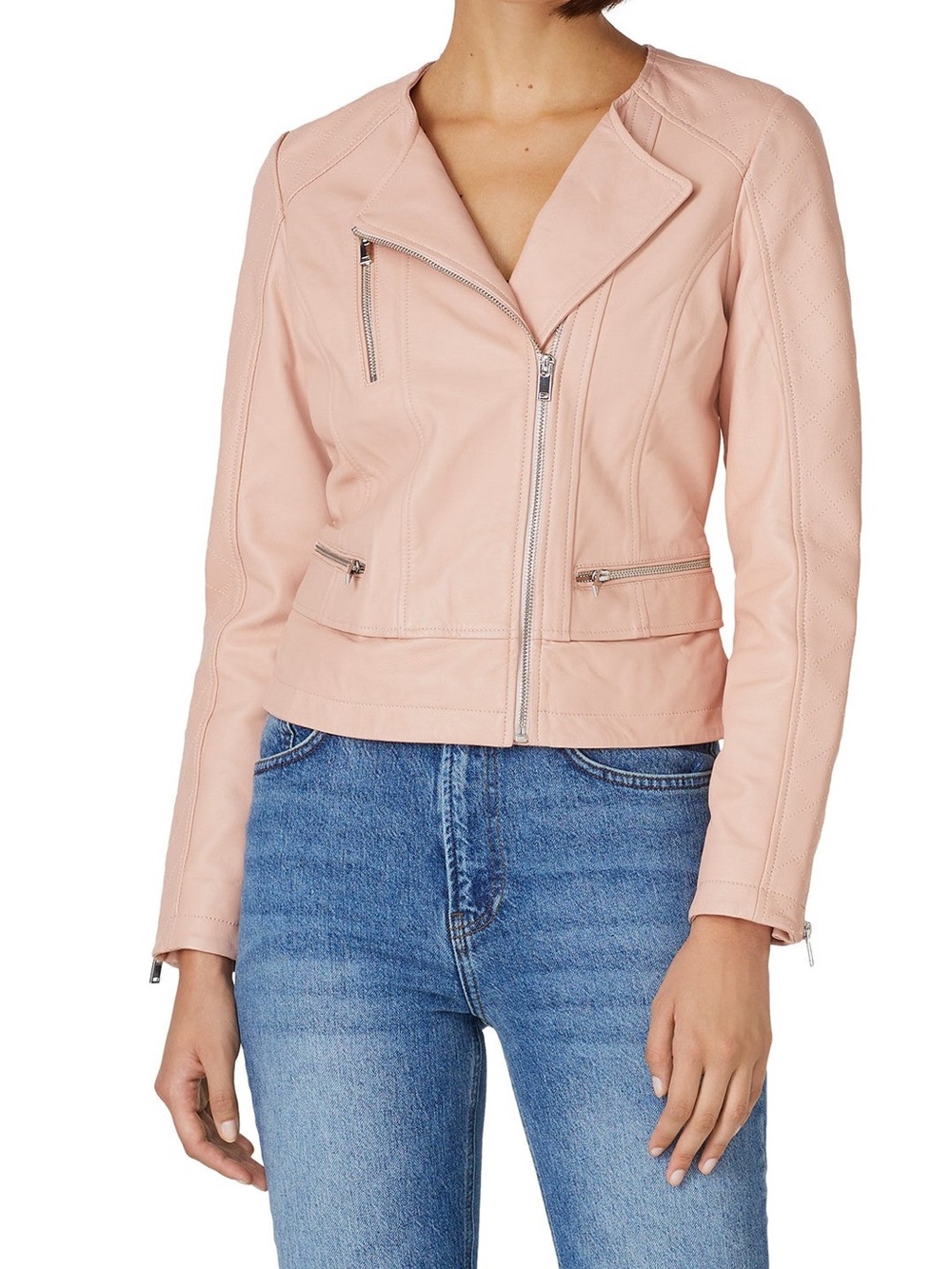 Slate & Willow Pink Leather Collarless Moto Jacket XS